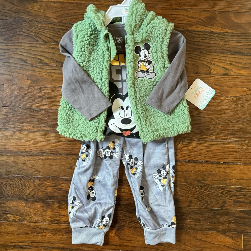 NWT Disney 3 piece set Mickey pants, long sleeve onesie and fur vest 18 months
